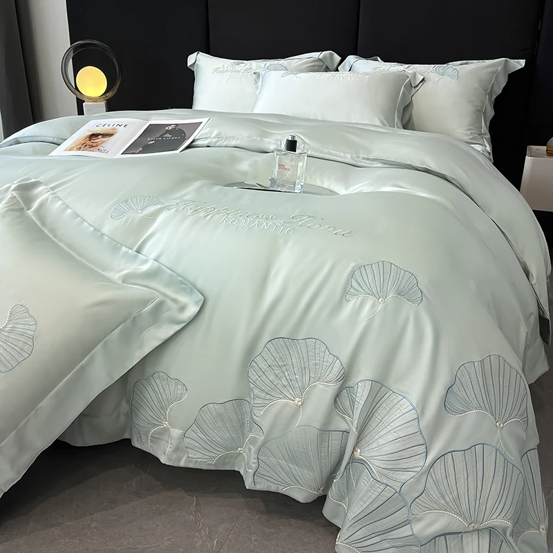 富安娜160支A类母婴级兰精天丝绣花裸睡床单床笠被套四件套床用品