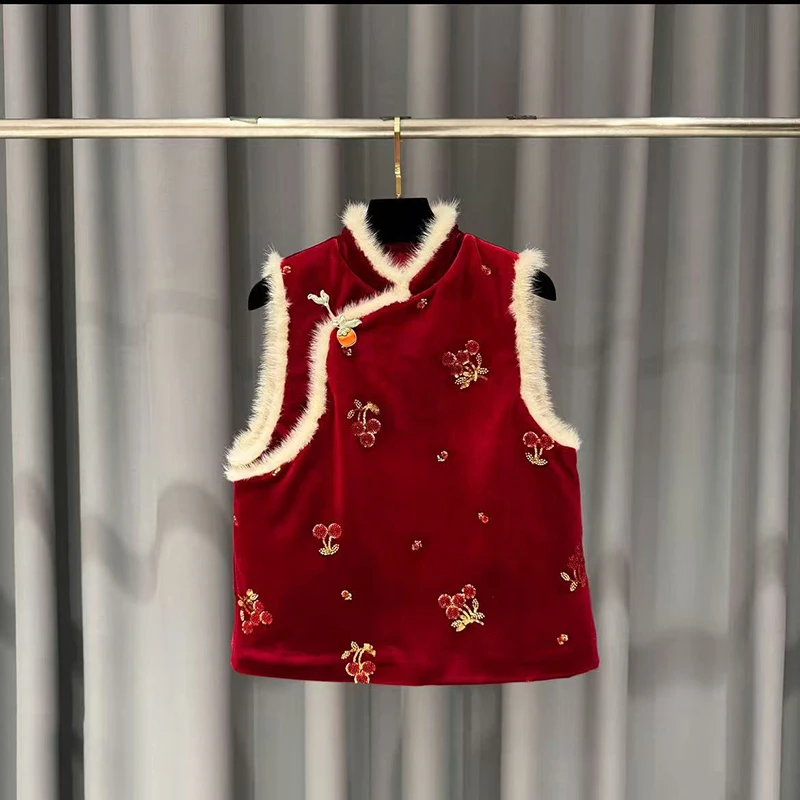 新年战袍水貂毛马甲女提花网领无袖香穿背心国风马夹