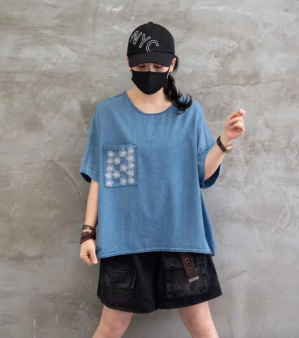 新款加肥大码水洗牛仔半袖上衣圆领宽松休闲时尚百搭夏季韩版
