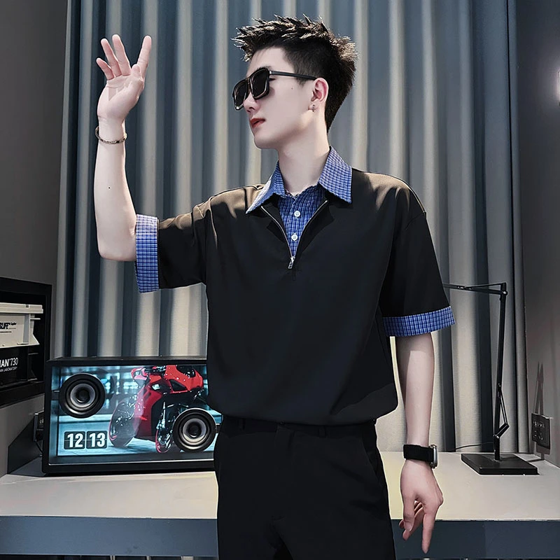 夏季新款男士翻领休闲短袖时尚潮流半袖帅气休闲上衣
