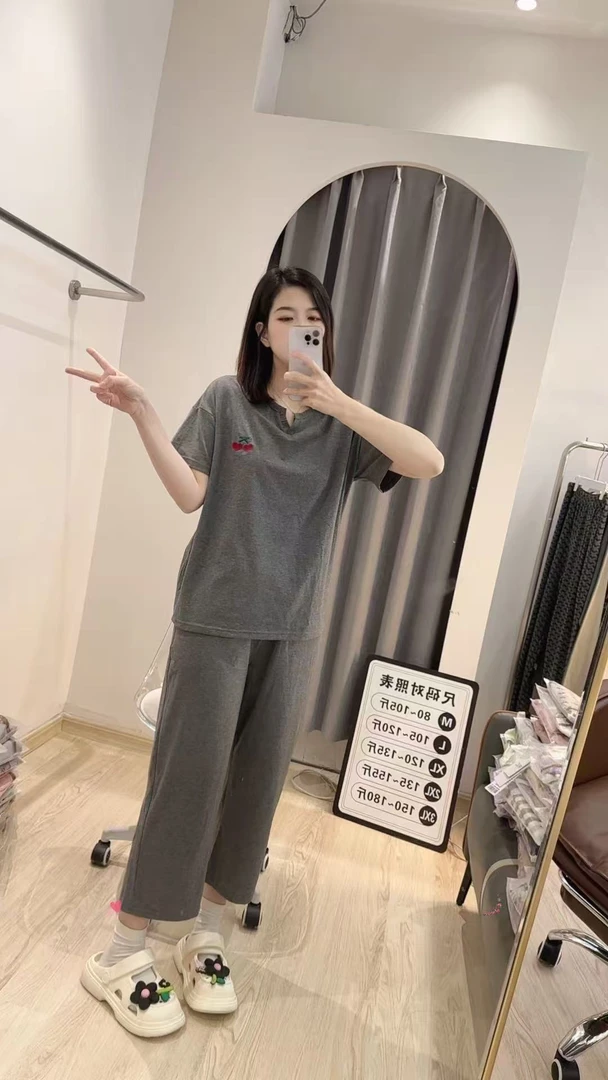 芬亿夏季爽棉睡衣女时尚休闲灰色薄款宽松圆领大码透气简约家居服