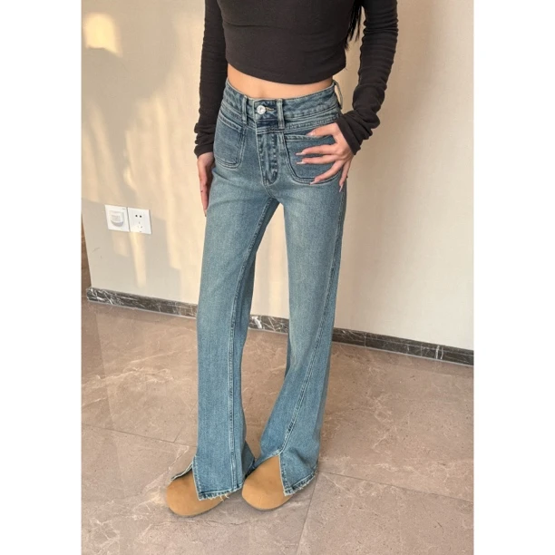 【七柒同款】春季新款百搭气质高腰前开叉时尚显瘦喇叭裤