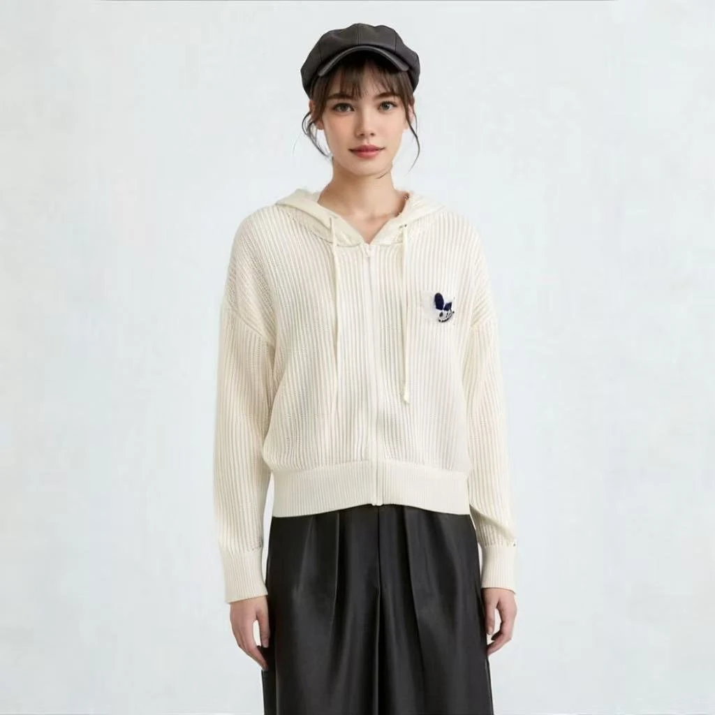 8996-网眼镂空拉链连帽针织外套（白色）后背三片叶子