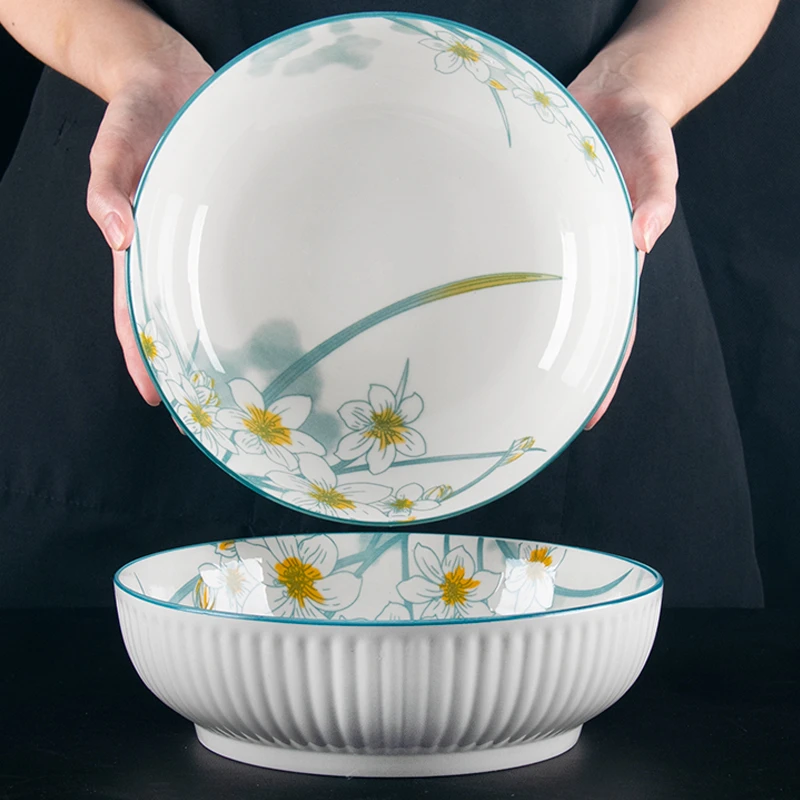 水仙花9英寸陶瓷浮雕汤盆新中式水墨风圆形固定收纳2个装破损补发