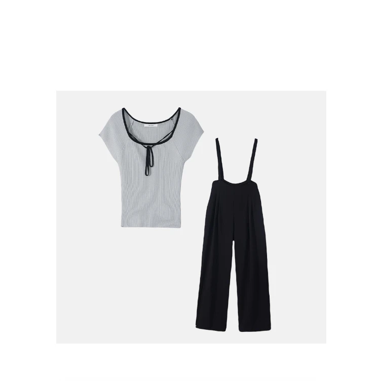 【精选】早秋季新款显瘦修身休闲套装短袖背带裤两件套93075