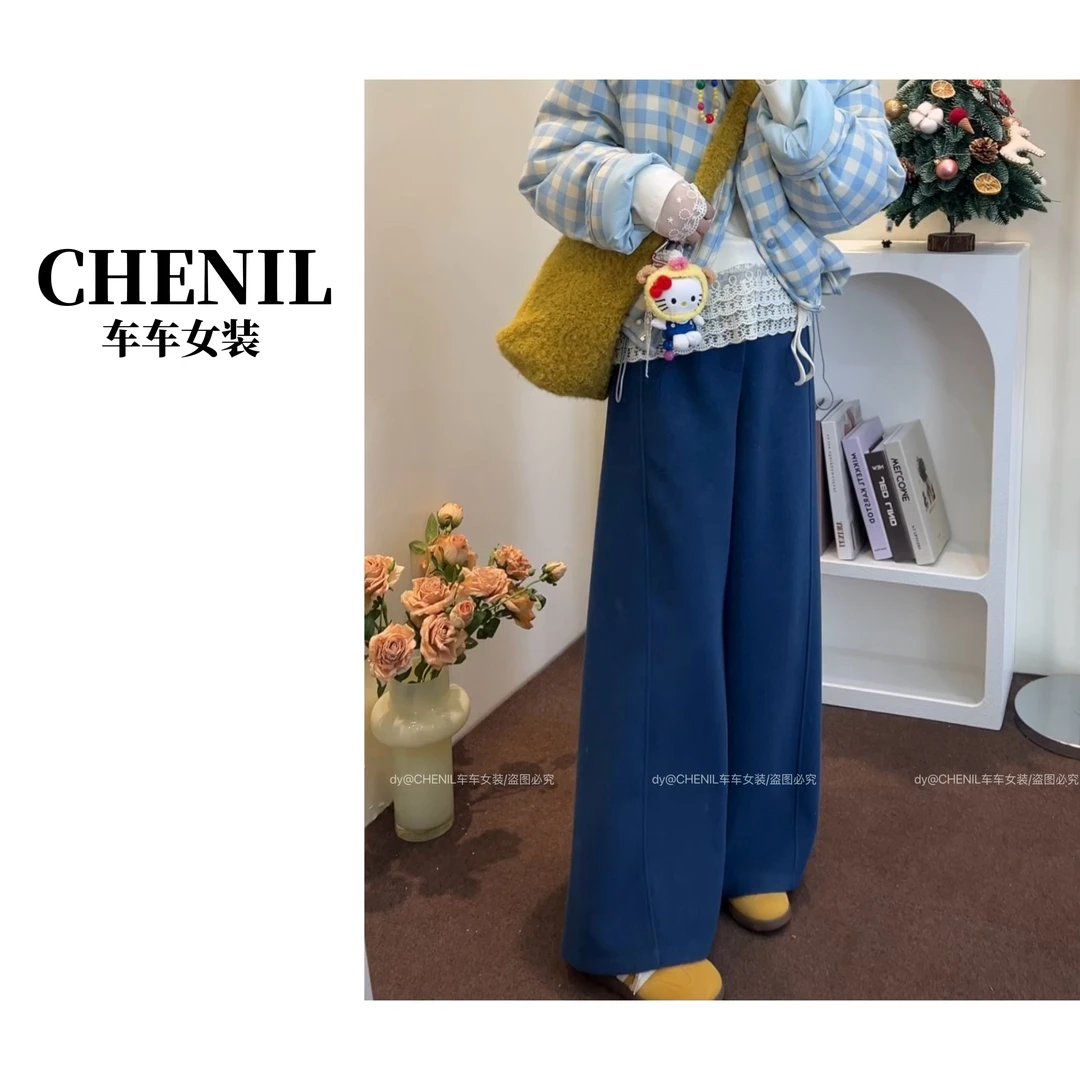 CHECHE【超模裤】冬季百搭裤王新款长裤直筒裤加厚自留宽松毛呢裤