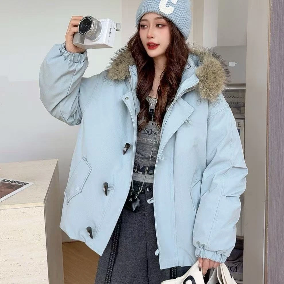 Y113区1+87-A928淡蓝色时尚牛角扣中长款加厚韩版棉服