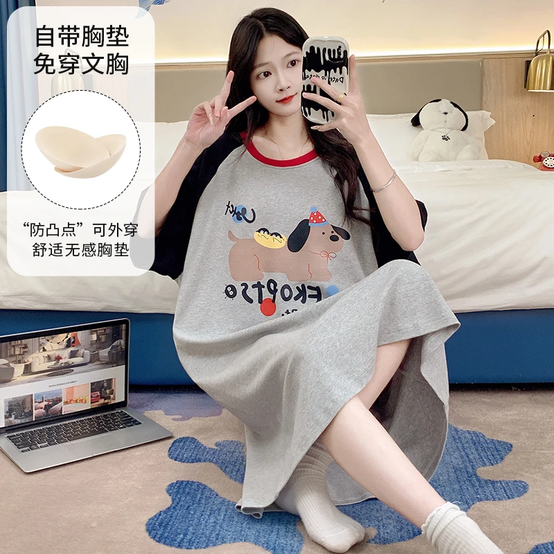 2025新款睡裙女带胸垫夏季短袖防凸点可爱青少年初中生大童13岁15