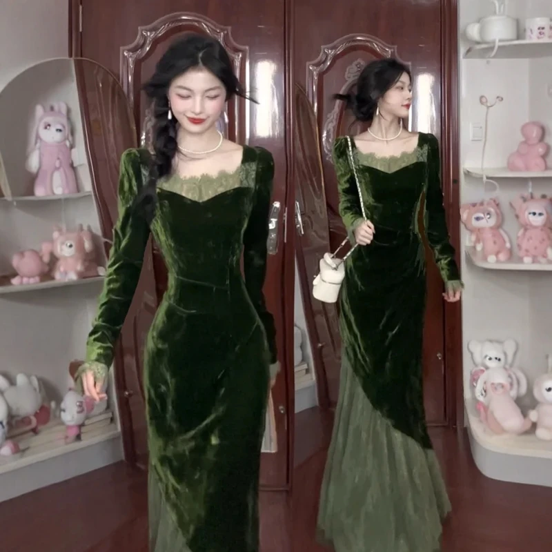 复古高级感超好看丝绒连衣裙小众时尚气质修身包臀长裙子2025秋季