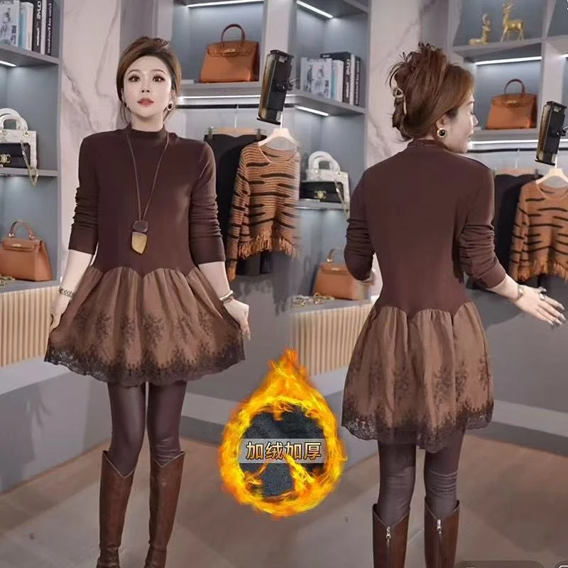 新款冬季蕾丝花边下摆拼接T恤半高领显瘦上衣大码修身显瘦打底衫