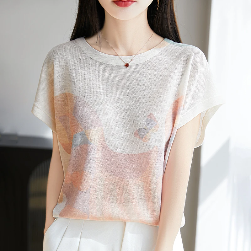 夏季宽松印花针织T恤百搭休闲时尚短袖 高端轻奢圆领薄款打底半袖