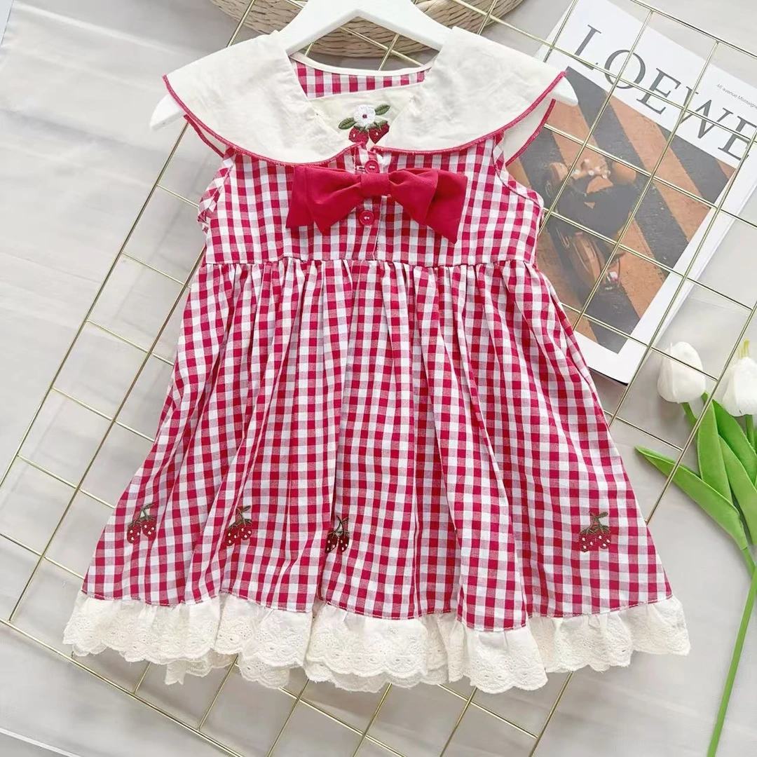 【童话屋】Z119女宝新品红色格子连衣裙刺绣蝴蝶结裙子