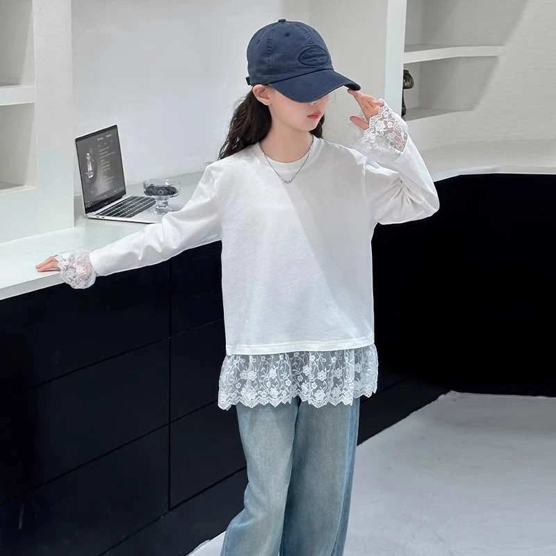 女童卫衣打底内搭春秋2025新款儿童蕾丝打底衫女大童春装白色上衣