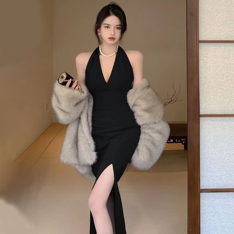 御姐高级感纯欲风性感挂脖低胸v领连衣裙修身包臀侧开叉长裙夏季
