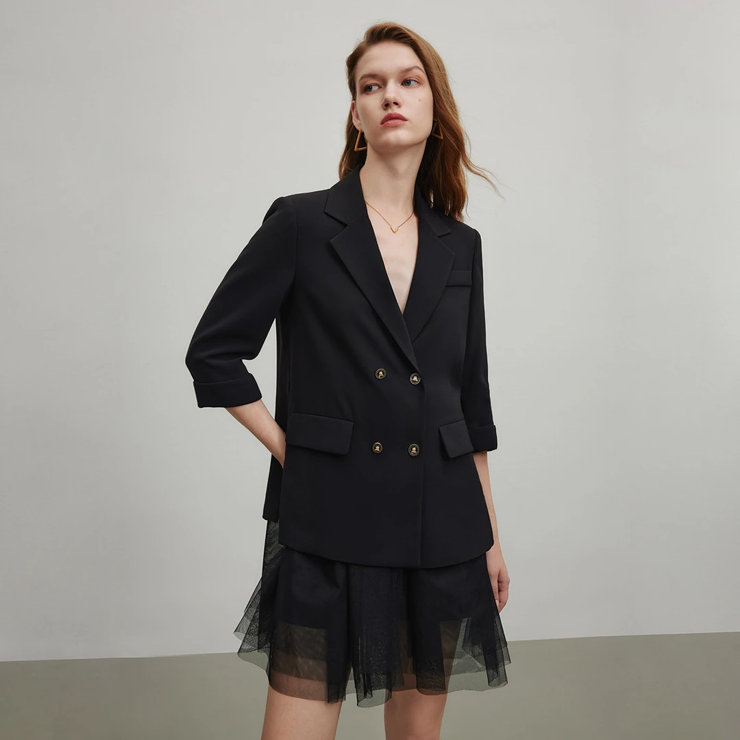 设计感拼接网纱西服外套春季时尚双排扣七分袖造型感西装Y420012