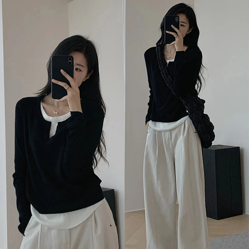 UQS慵懒风针织上衣2025早秋款韩版舒适显瘦假两件针织衫打底上衣