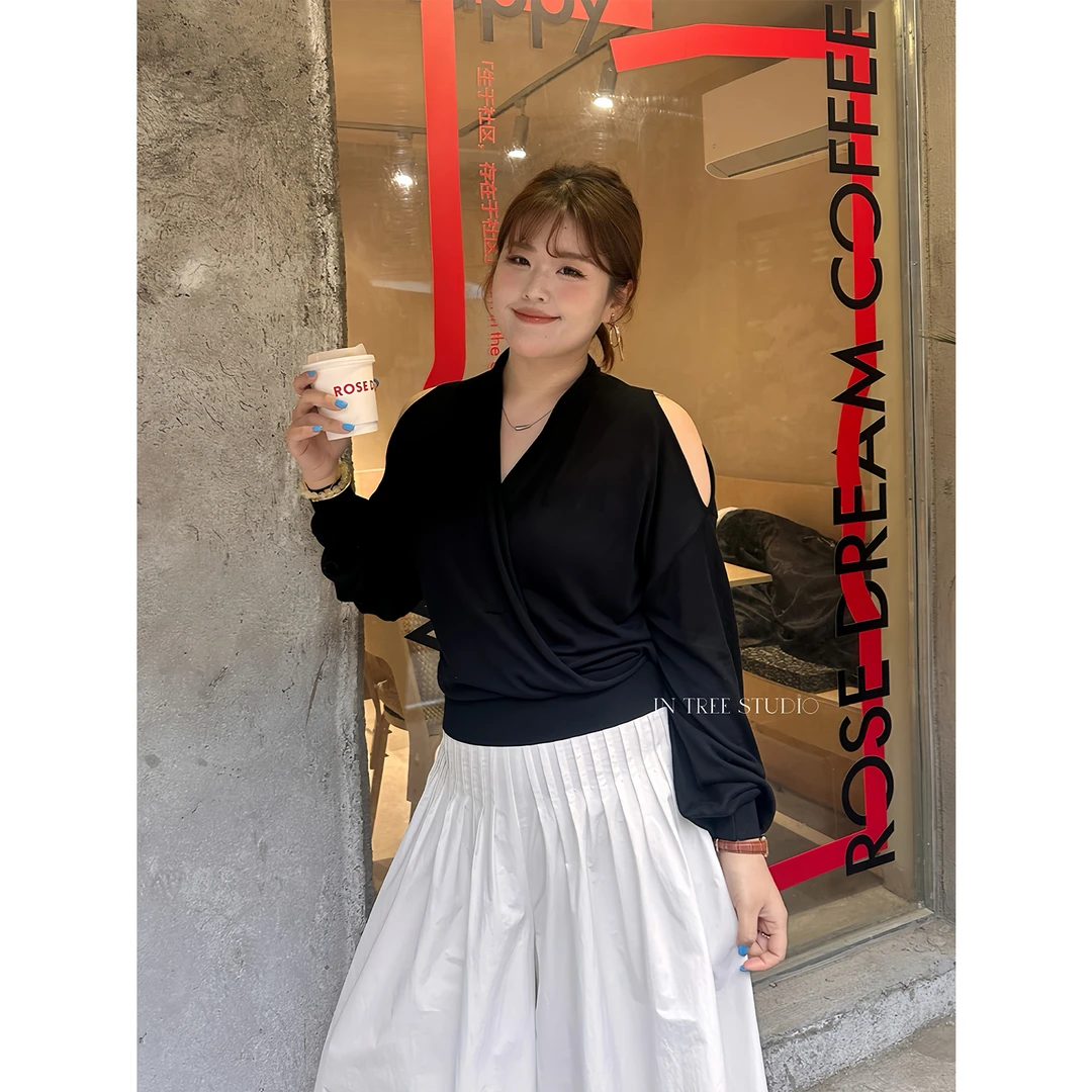 In Tree张桶桶【高智女主】露肩显瘦黑色上衣针织衫百搭 ST6238511