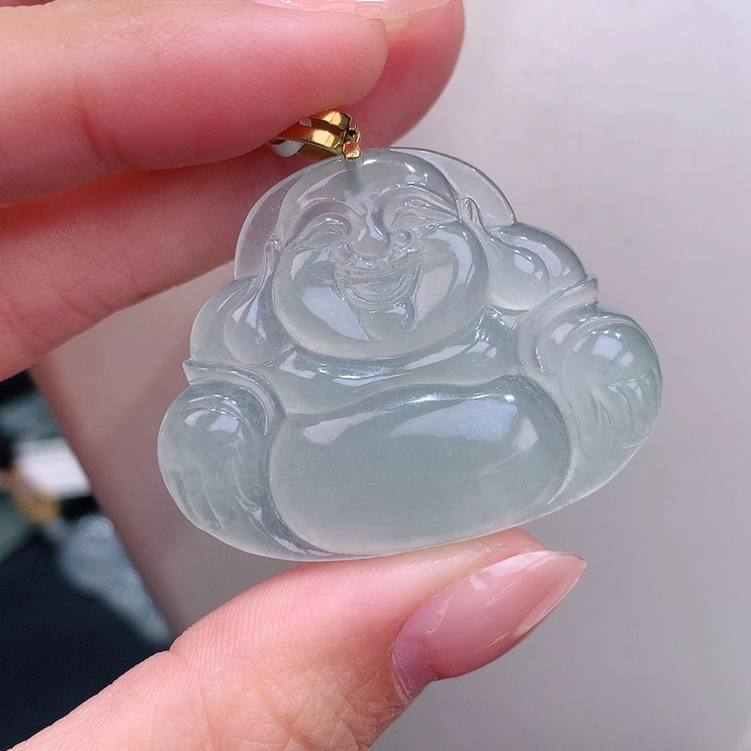 颈饰18K金镶嵌翡翠正冰晴底一刀切佛公