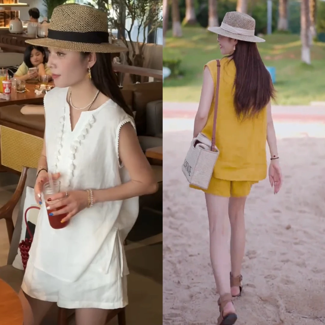 小个子爆款设计感背心小衫短裤两件套女装夏季时尚减龄慵懒风套装