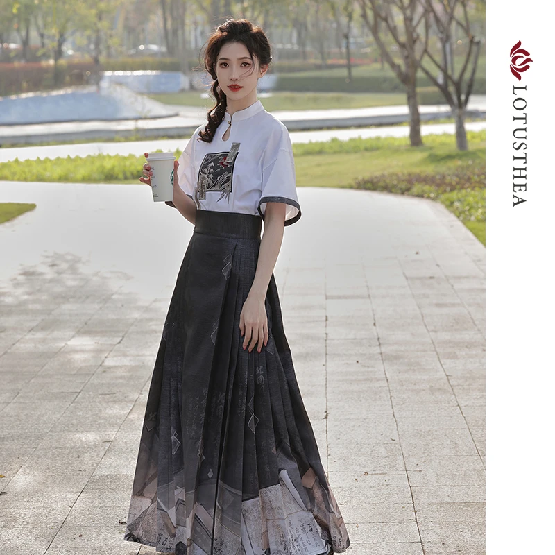 汉尚华莲一盏香原创汉服女新中式衬衫汉元素短袖改良马面裙