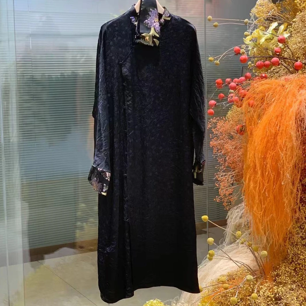 【翰墨园庭】重磅醋酸提花刺绣中式长款连衣裙（242006）2813