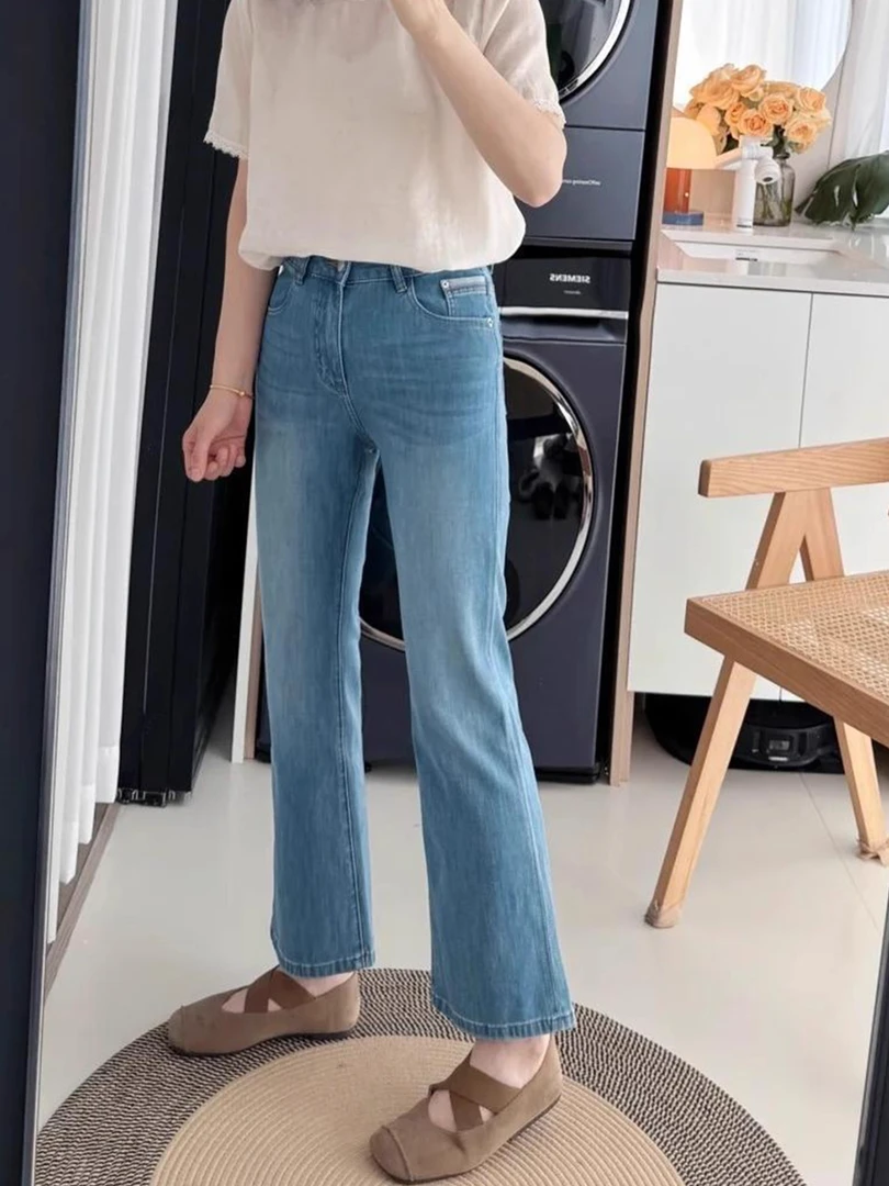 大码女装2025早秋新款高腰弹力直筒牛仔裤胖mm遮胯显瘦九分微喇裤