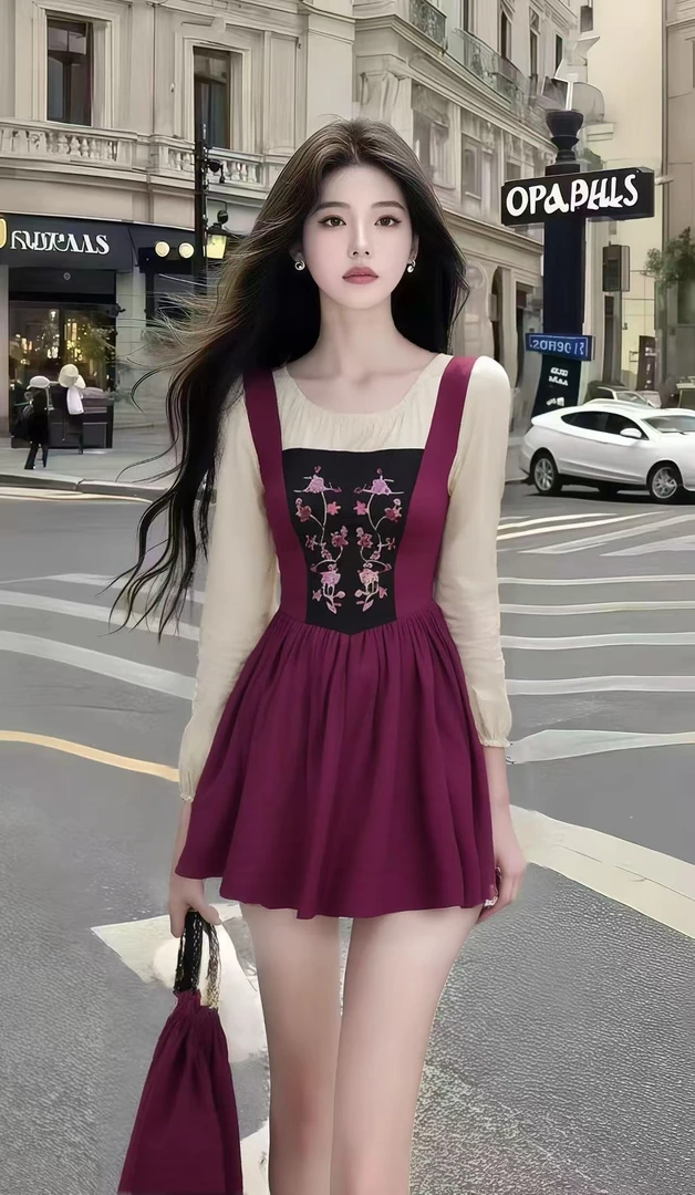 2025秋季新款时尚撞色拼接圆领长袖收腰连衣裙女小众设计显瘦短裙