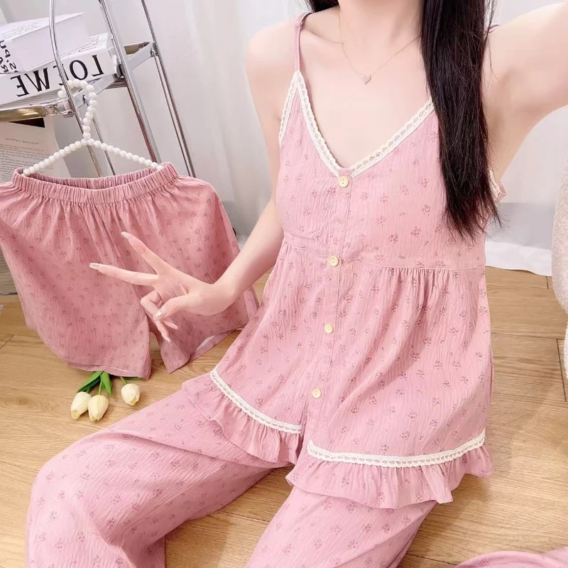 睡衣女2025新款甜美时尚休闲宽松吊带三件套家居服可外穿