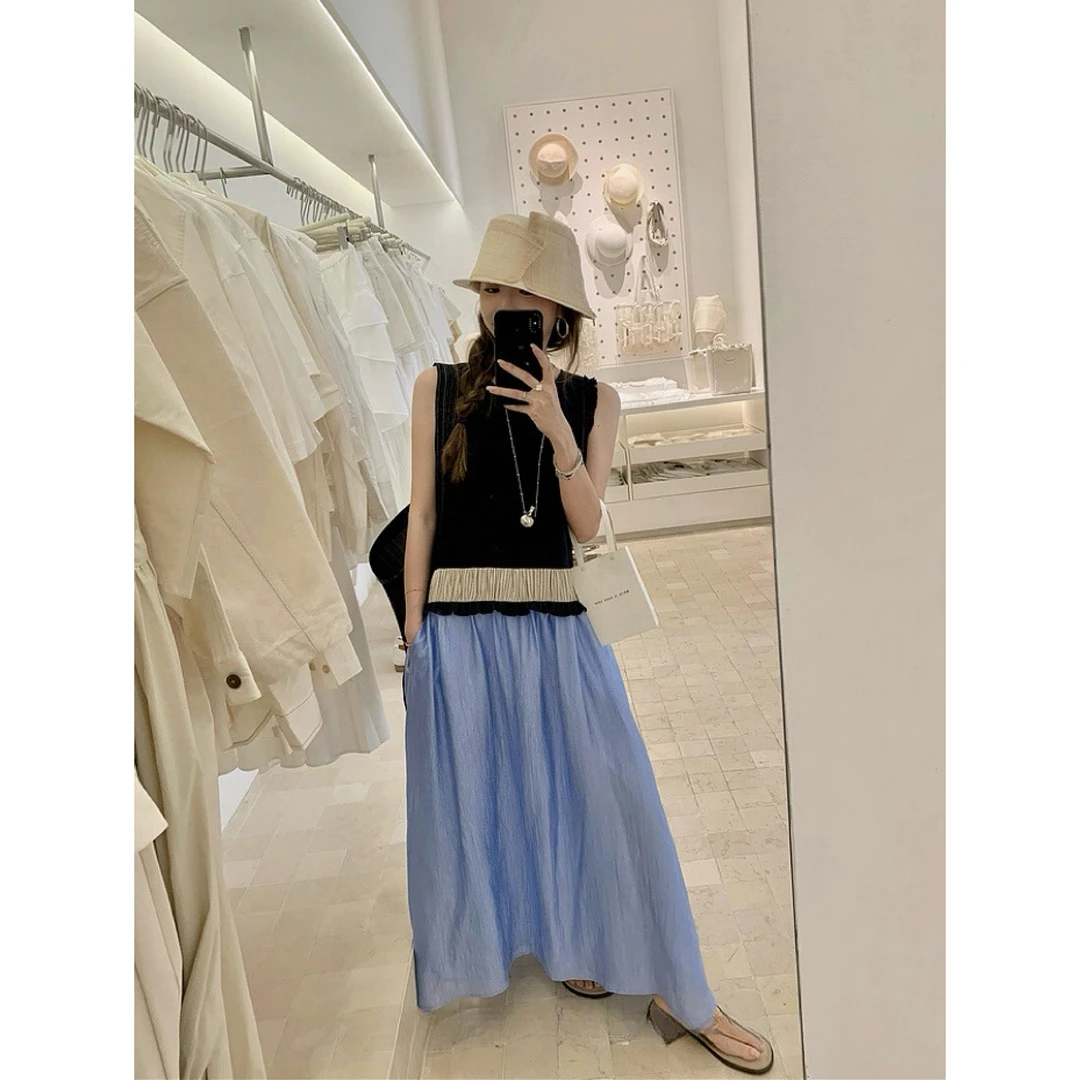 夏日蓝调·新款裙子蓝色拼接长裙无袖连衣裙女夏