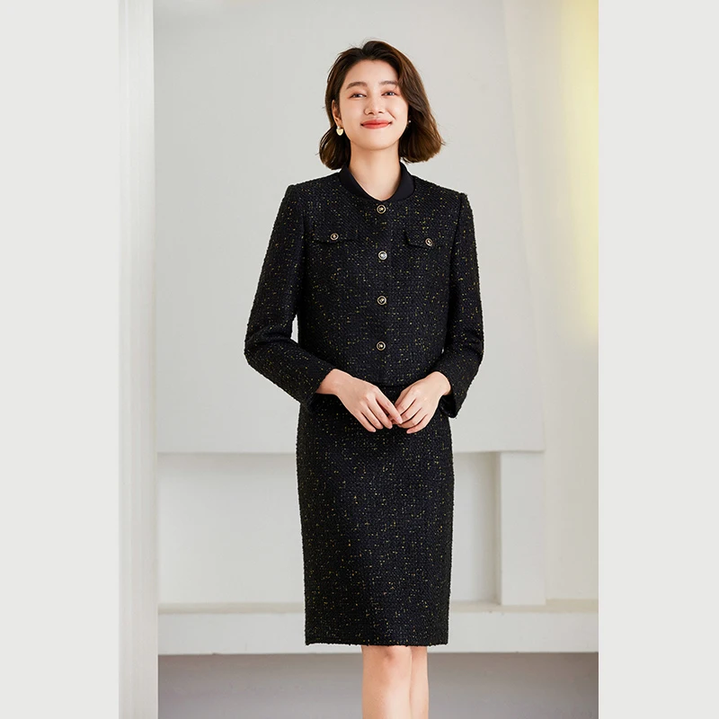 乔万尼小香风绵羊毛连衣裙好看流行粗花呢假两件拼接设计ET4E886