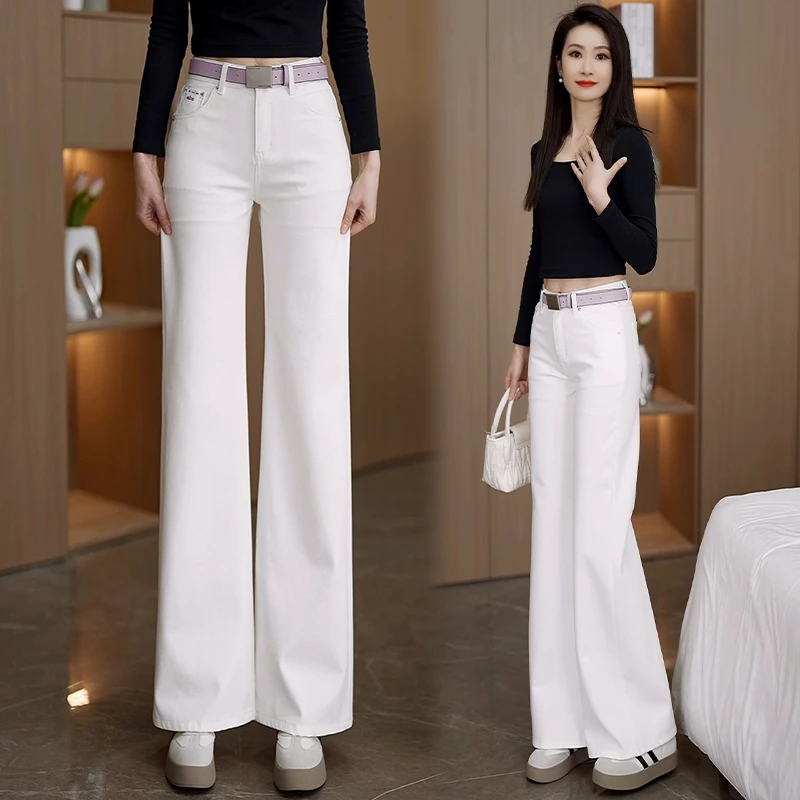白色牛仔窄版阔腿女春夏2025新款刺绣高腰宽松显瘦垂感休闲直筒裤