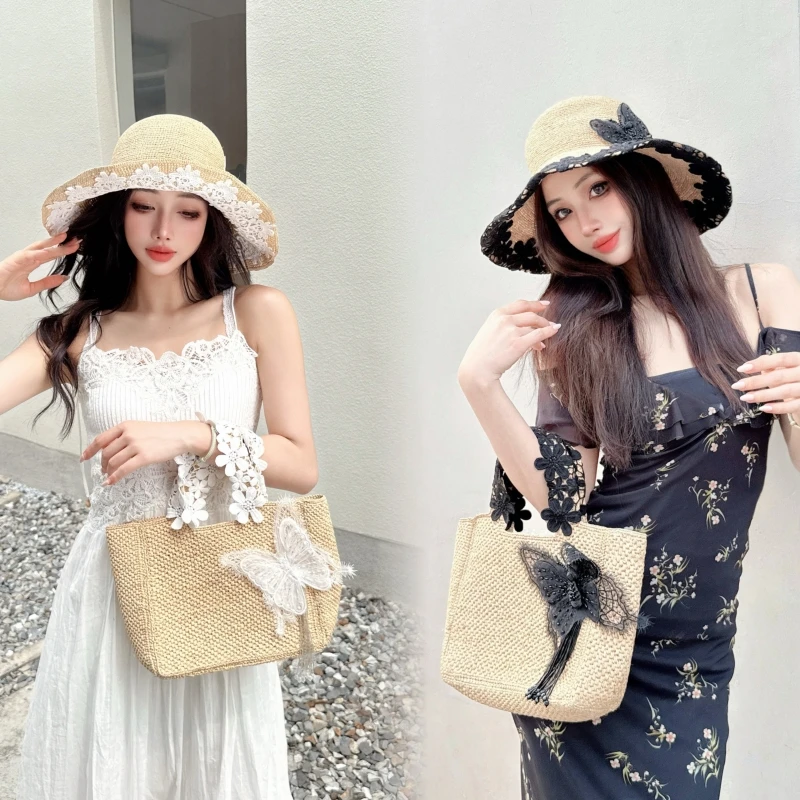 CREAMPP 原创优雅质感镂空蕾丝手提拉菲草托特包蝴蝶流苏草编包