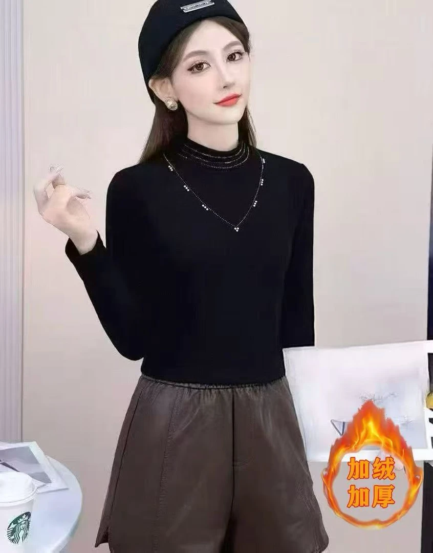 C16【衣长56】加绒烫钻打底衫女2025秋冬新款时尚显瘦T恤【C区】