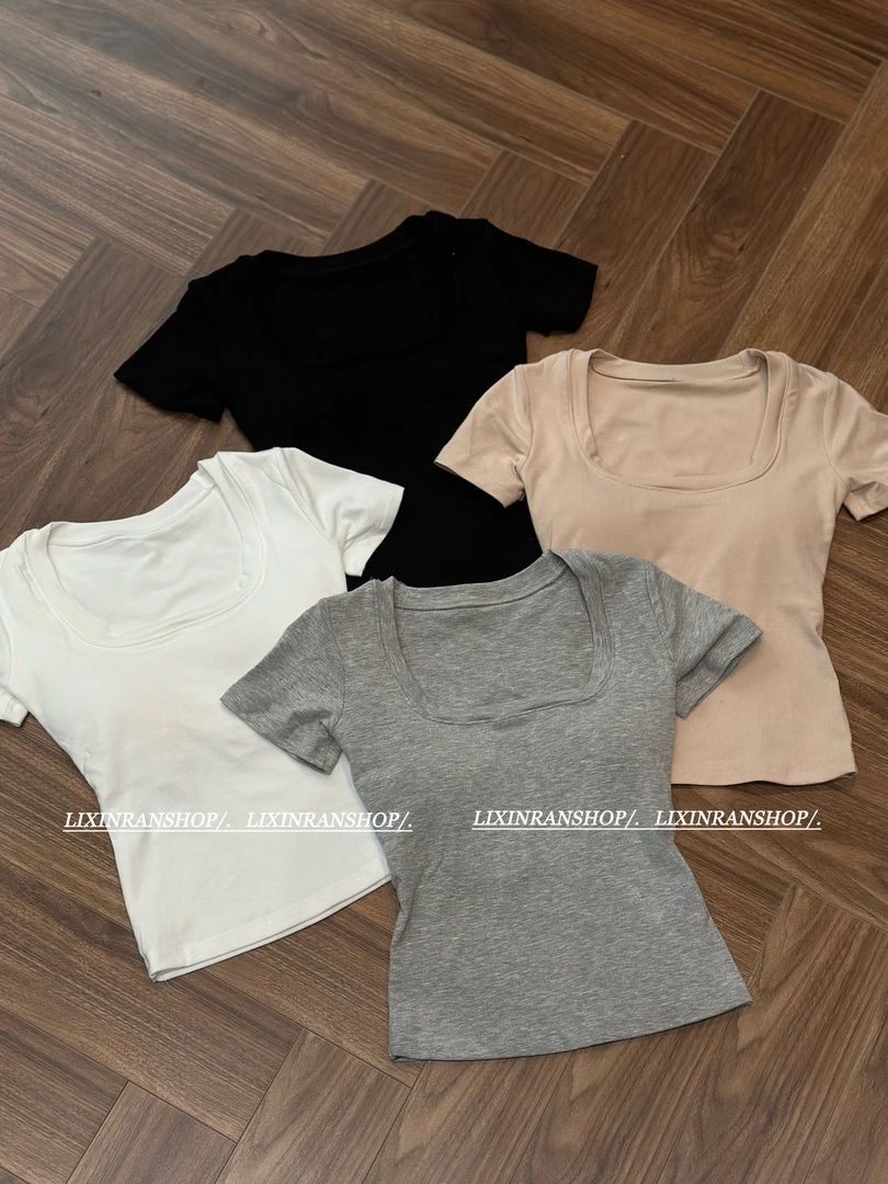 李欣然 【舒适节奏】  简约U领显瘦气质百搭自带胸垫短款T恤#1705