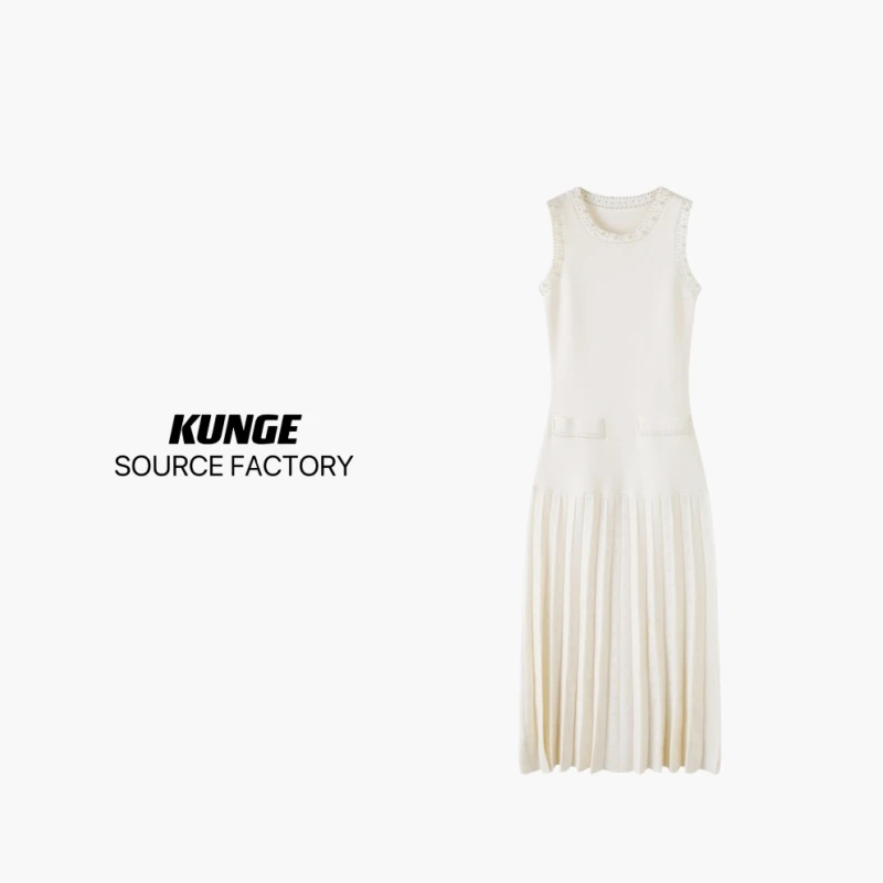 KUNGE 白色针织休闲百搭女士潮流无袖圆领连衣裙-9089