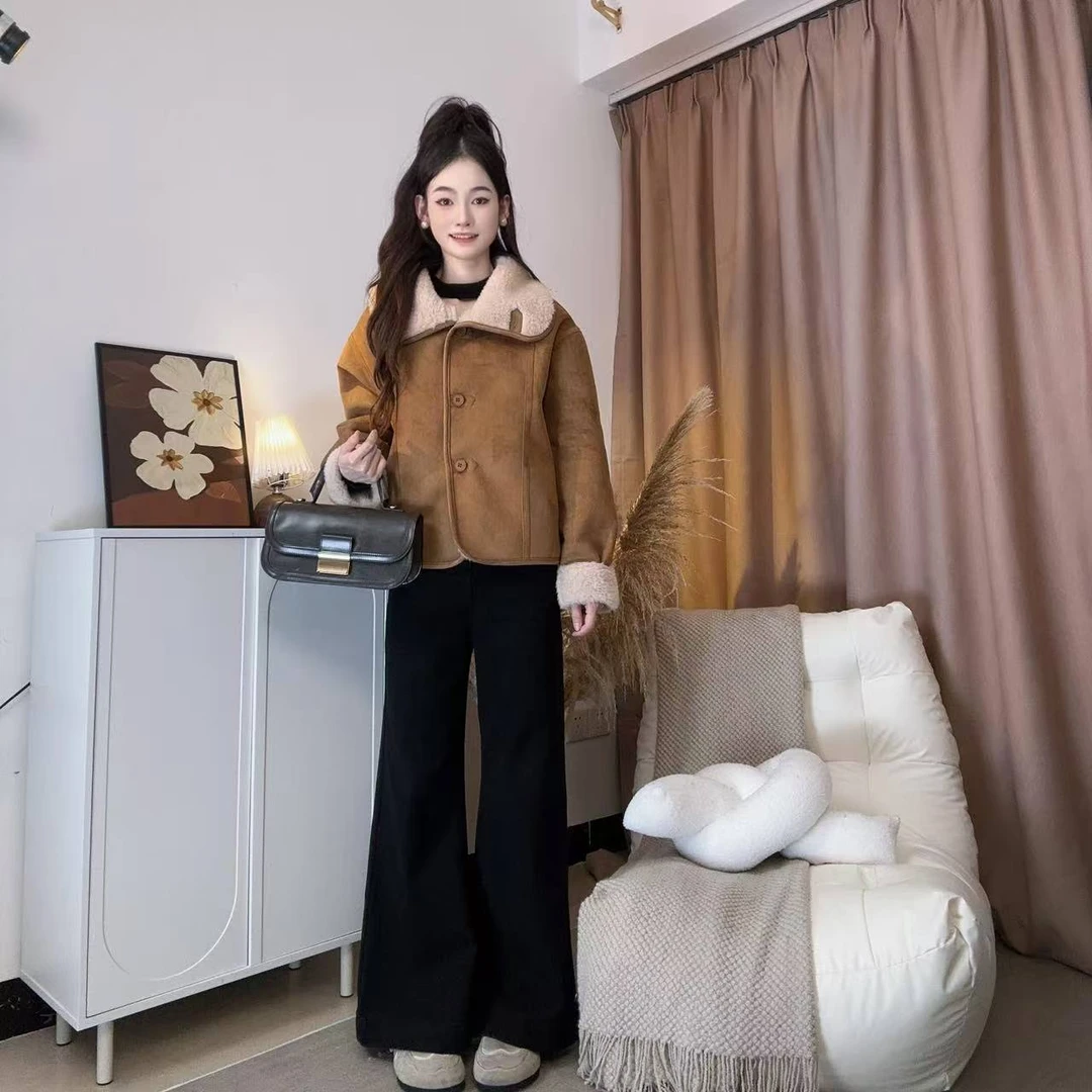 两面穿新款百搭单排扣冬季厚款加绒加厚款短外套休闲加绒毛毛外套