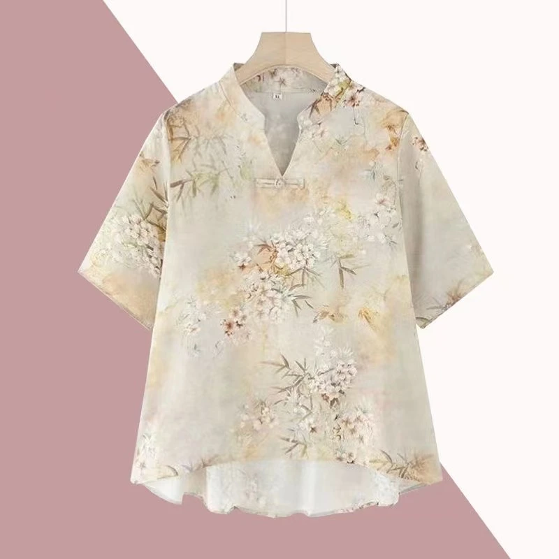 9622-妈妈夏装中长款上衣宽松显瘦民族风V领T恤【F仓】