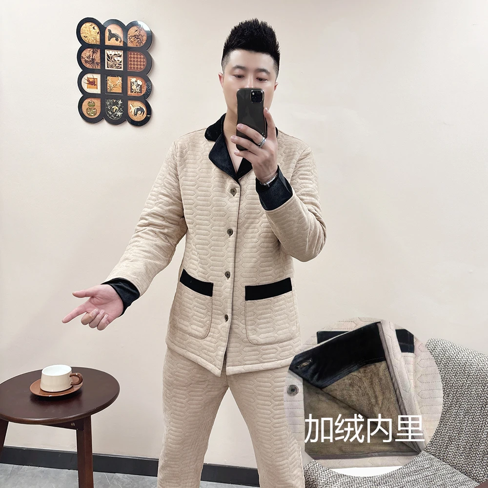 鹿皮绒加绒保暖睡衣套装2025秋冬高品质奢华压花男士可外穿家居服