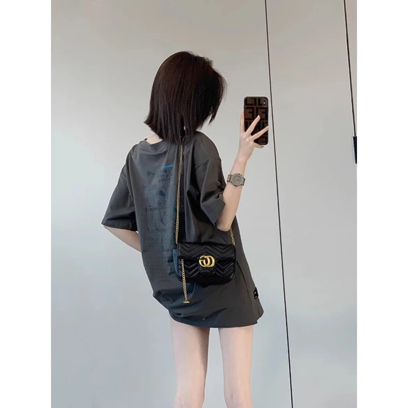 复古灰色短袖t恤女夏季上衣流行时尚潮牌小众女装洋气休闲装衣服