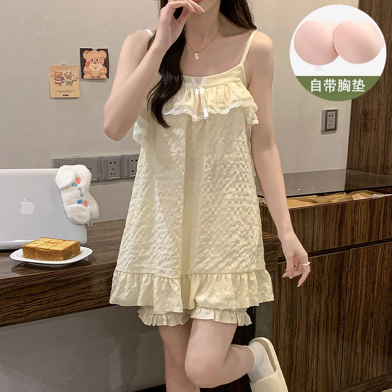 吊带胸垫睡衣女款夏季云朵棉可爱2025新款睡裙网红爆款家居服杏色
