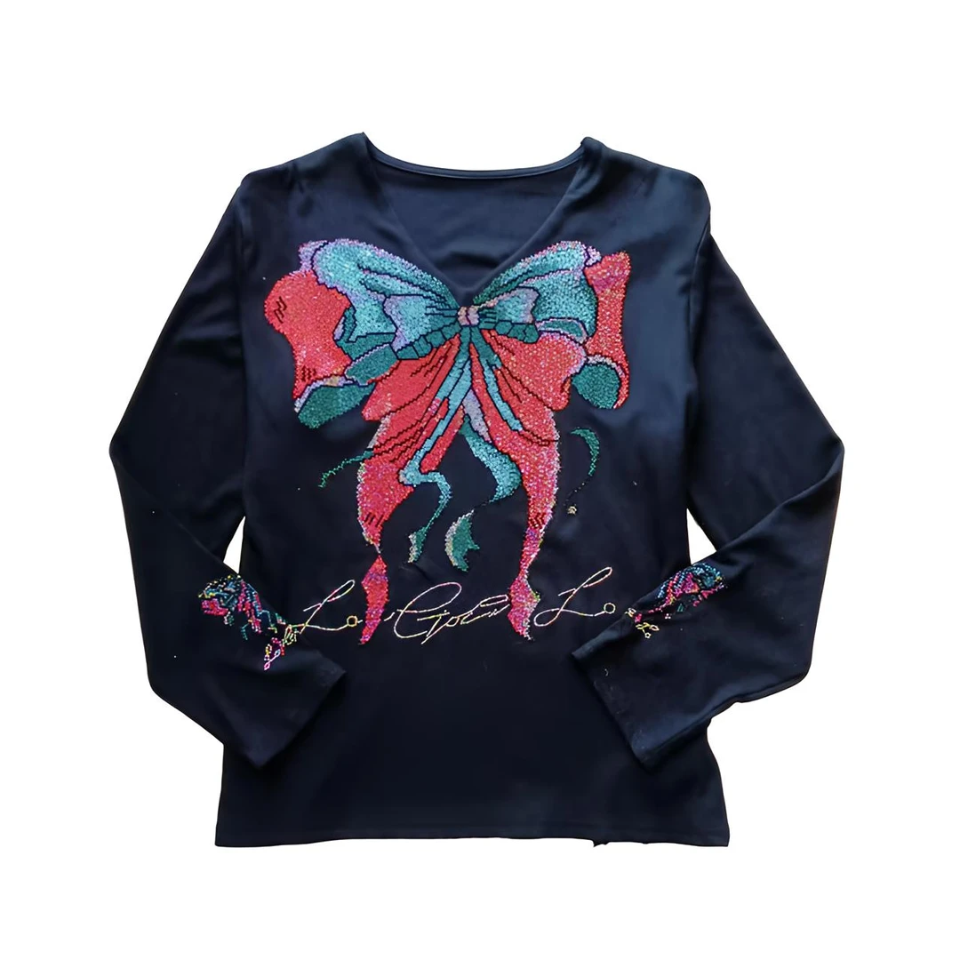 【二姐潮牌】2025春季新款时尚欧货重工潮牌烫钻 蝴蝶 长袖上衣