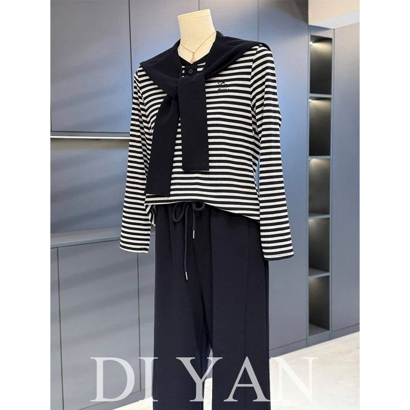 时尚休闲妈妈装针织衫女条纹披肩三件套女新款上衣气质百搭中老年