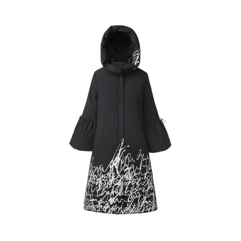 sdeer圣迪奥女装高领连帽撞色印花喇叭袖羽绒服S24482405