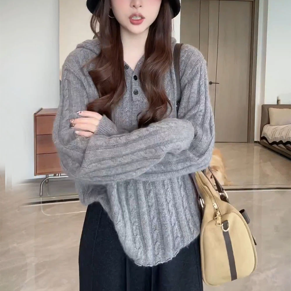 慵懒风软糯连帽毛衣女秋冬新款高级感宽松显瘦洋气内搭针织衫上衣