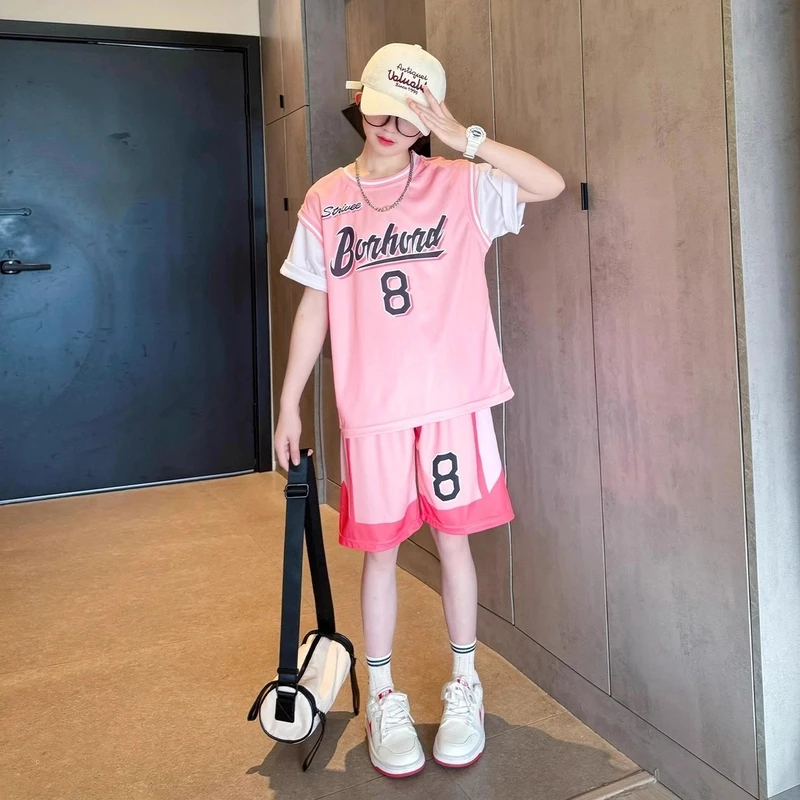 女童夏季套装2025新款初中生女孩粉色运动短袖衣服篮球服儿童夏装