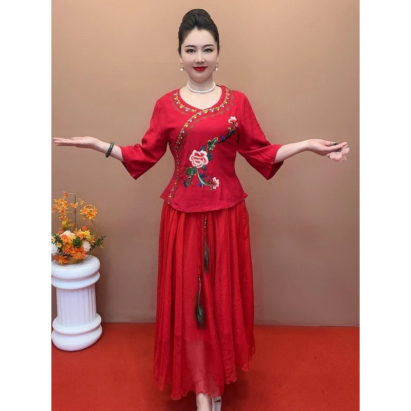 改良版汉服两件套裙女式中国风古装刺绣民国七分袖裙子套装超仙夏
