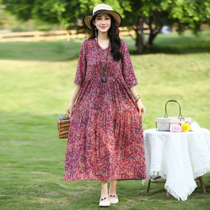 棉绸复古夏季连衣裙女宽松高腰波西米亚短袖碎花出游沙滩裙长裙