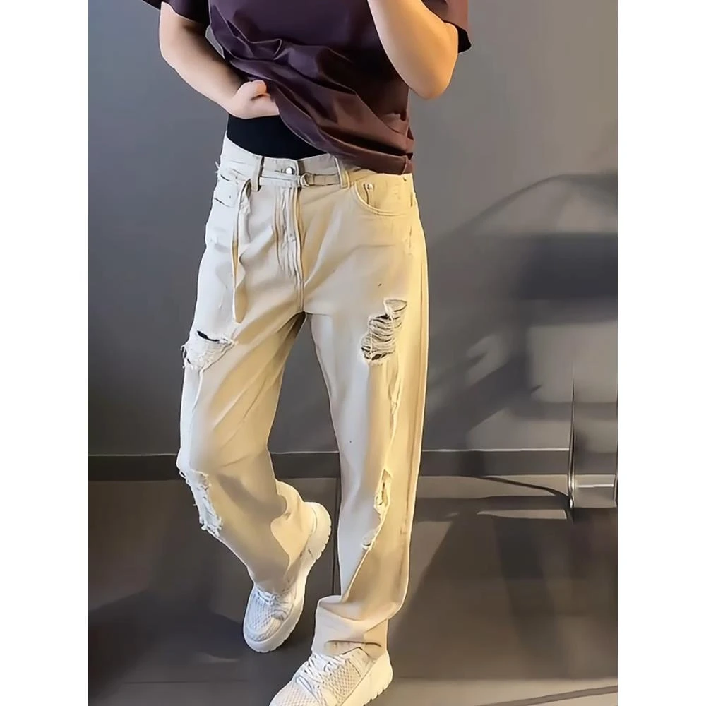 春秋新款大码潮牌男士时尚新款2025年宽松直筒垂感拖地阔腿牛仔裤