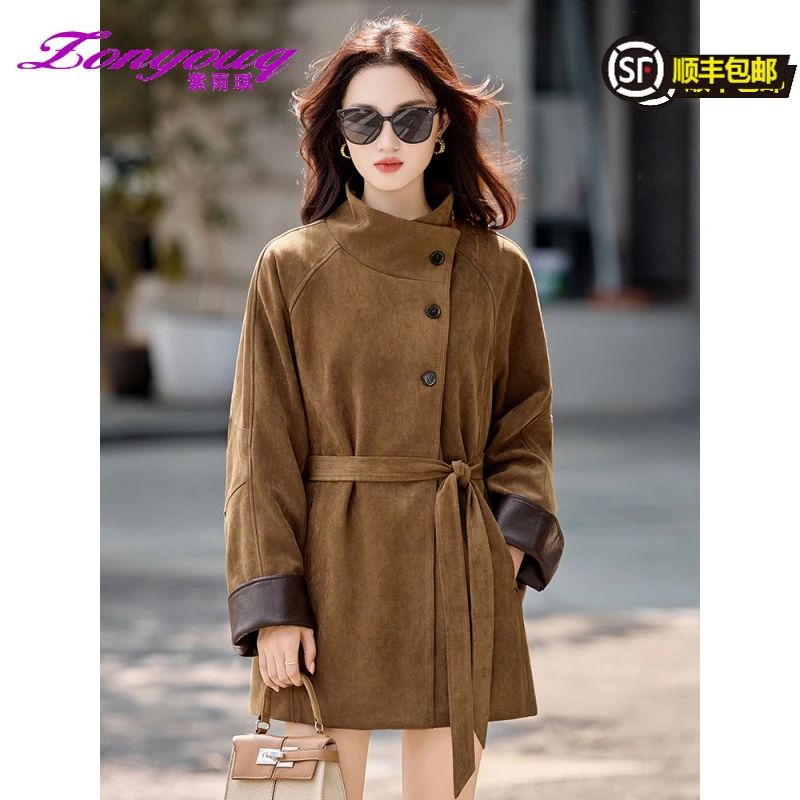 紫雨琪2025秋季简约百搭立领鹿皮绒夹克外套系带收腰