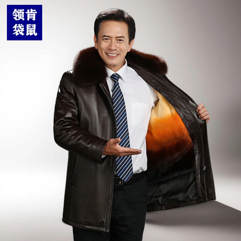 领肯袋鼠冬季皮衣男可脱卸内胆翻领中老年宽松型大毛领尼克服外套